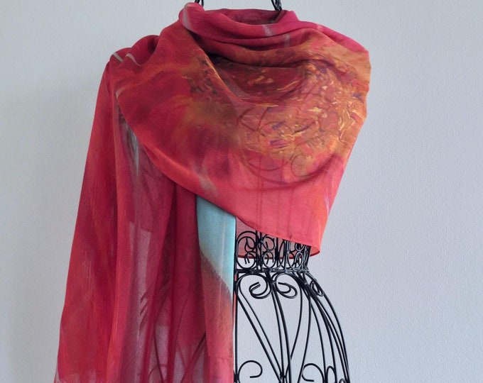 Red Turquoise and Copper Modal Silk Scarf in Gift Box Envelope