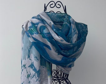 Modal Silk Scarf in Gift Box Envelope, Multi Blue Fashion Art Scarf, Unique Gifts for Her, Organic Blend Shawl