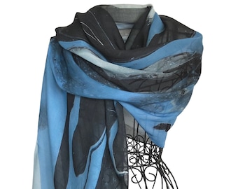 Blue and Black Silk Modal Scarf, All Season Large Blue Scarf, Blue Lightweight Scarf, Art Designer Scarves, Gifts ideas for Mom, Blue Wrap