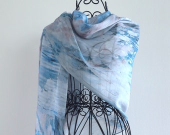 Long Blue and White Silk Blend Scarf, All Season Modal Silk Blue Scarf, Luxurious Natural Fabric Blend Shawl, Unique Gifts for Her, Wrap