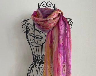 Silk Modal Original Art Print Scarf in Gift Box Envelope, Pink and Gold Scarf or Shawl in All Season Natural Fabric Blend