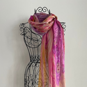 Pink and Gold Silk Modal Original Art Scarf: All Season Natural Fabric Blend Shawl in Gift Envelope ‘Golda Mae’
