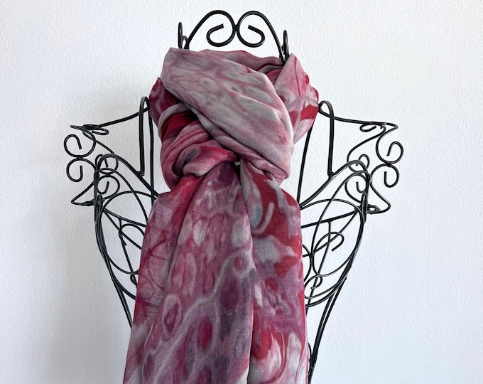 Silk Modal Scarf in Deep Rose Claret, All Season Luxury Art Print Scarf in Gift Box Envelope, All Season Art Scarf