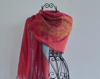 Red Turquoise and Copper Modal Silk Scarf in Gift Box Envelope, Red and Teal Natural Blend Summer Shawl,