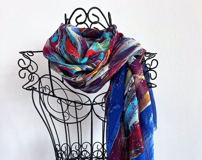 Vibrant Multicoloured Modal Silk Scarf in Gift Box Envelope, Original Artist Abstract Floral Print, Multicoloured Summer Shawl