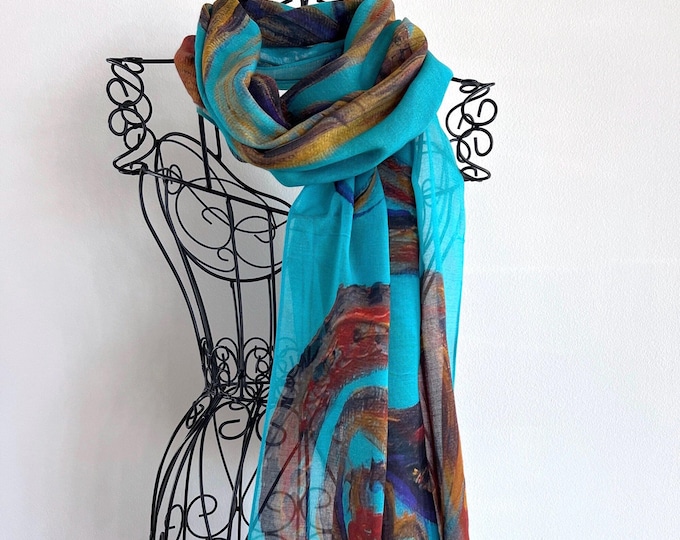 Fine Art Silk Modal Scarf, Turquoise and Copper Natural Fabric Scarf, Fall Fashion, Teal Scarf, Teal Shawl, Designer Scarf,
