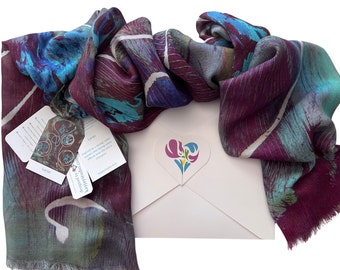 Silk and Modal Teal and Burgundy Scarf in Gift Box Envelope, Handmade Gifts for Women, Gift for the Cowgirl