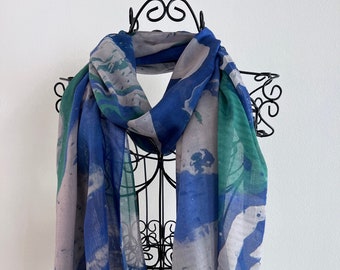 Royal Blue Mint Green Modal Silk Scarf, Long Lightweight All Season Scarf, Designer Natural Fabric Scarf, Gift Ideas for Women, Art Gifts