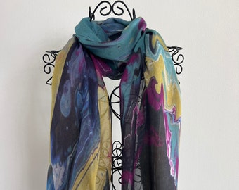 Scarf in Multi-Coloured Silk Modal Blend, Natural Fabric Art Scarf, Silk Head Wrap