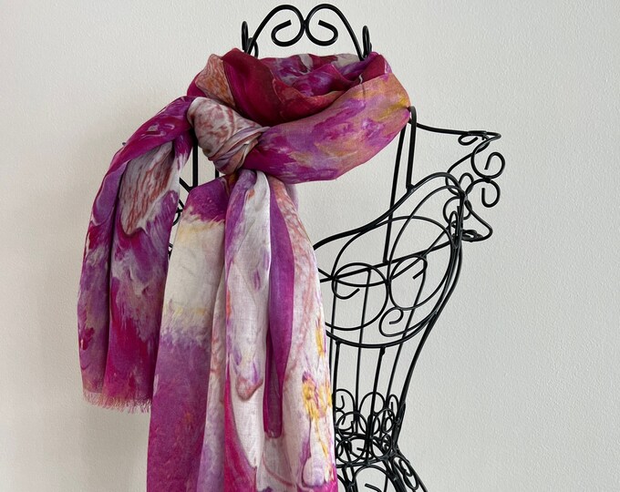 Burgundy Magenta and Rose Gold Modal Silk Scarf, All Season Lightweight Multicoloured Scarf, Wearable Art Scarves