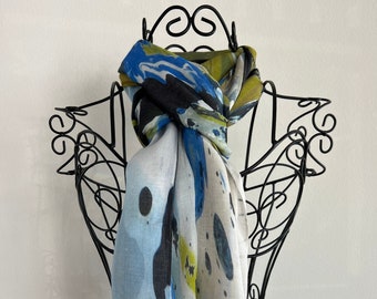 Long Green Blue and White Modal Silk Scarf, All Season Accessories for Women, Unique Gifts for Her, Artistic Scarf