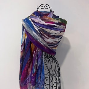 Multi Coloured Modal Silk Organic Blend Scarf, Colourful Lightweight Natural Fabric Shawl, Unique Gifts for Women