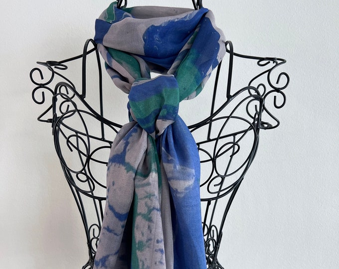 Royal Blue Mint Green Modal Silk Scarf, Long Lightweight All Season Scarf, Designer Natural Fabric Scarf, Gift Ideas for Women, Art Gifts