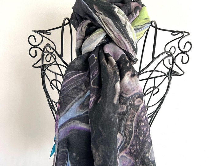 Black and White Modal Silk Scarf, Long All Season Organic Blend Scarf, Dark Multicoloured Silk Blend Scarf, Grief and Mourning Gift