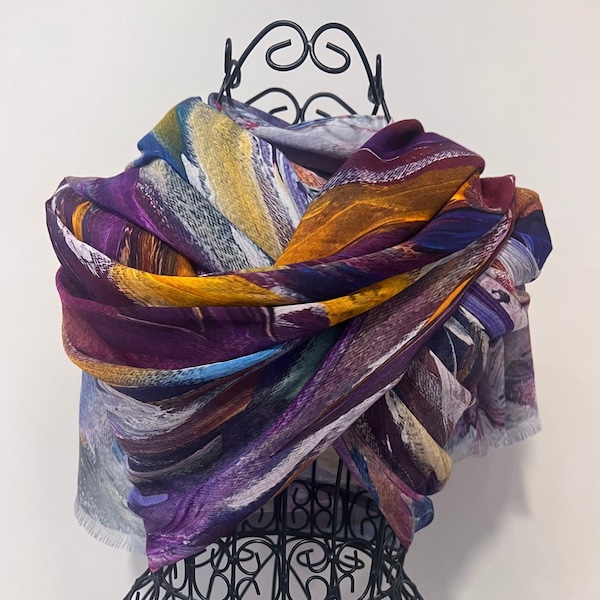 Multi Coloured Modal Silk Organic Blend Scarf, Colourful Lightweight Natural Fabric Shawl, Unique Gifts for Women