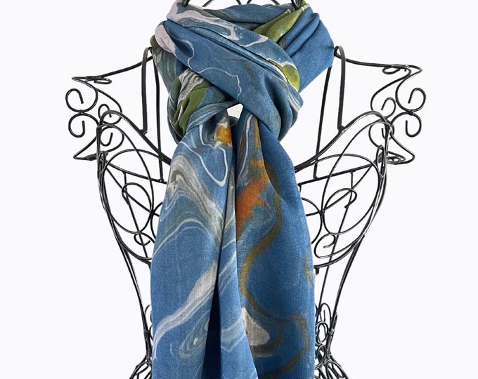 Silk Modal Scarf in Blue White and Green, Original Art Printed Scarf in Gift Box