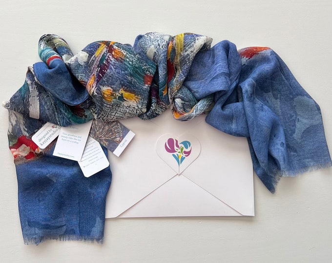 Blue Trimmed Silk Modal Scarf, Original Art Printed Scallop Seashell Scarf, Sea Scallop Scarf in Gift Box Envelope