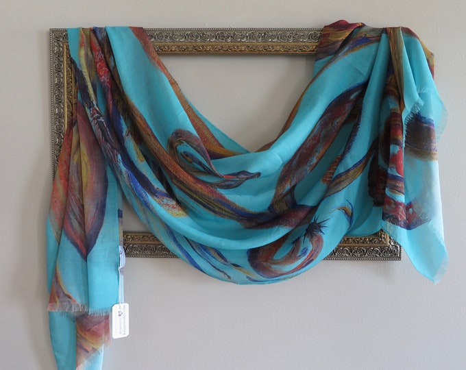 Turquoise and Copper All Season Luxury Modal Silk Art Print Scarf