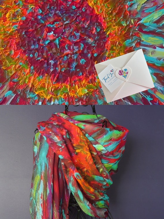 Colourful Silk Modal Organic Blend Art Print Scarf in Gift Box Envelope