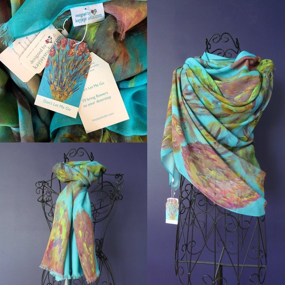 Long All Season Turquoise and Gold Modal Silk Scarf, Unique Gifts for Women, Artistic Natural Fabric Blend Scarf, Turquoise Summer Shawl