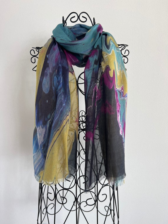 Scarf in Multi-Coloured Silk Modal Blend, Natural Fabric Art Scarf, Silk Head Wrap