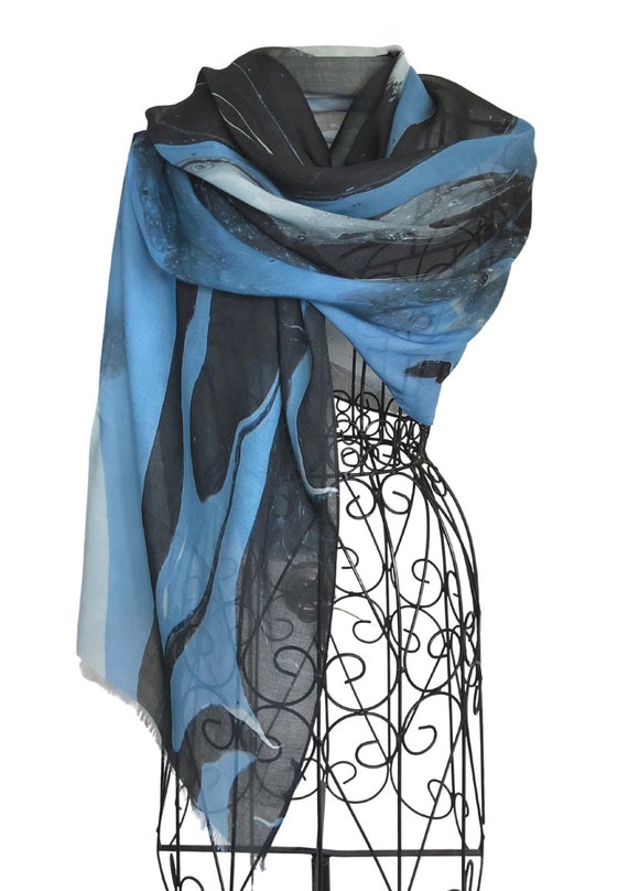 Blue and Black Silk Modal Scarf, All Season Large Blue Scarf, Blue Lightweight Scarf, Art Designer Scarves, Gifts ideas for Mom, Blue Wrap