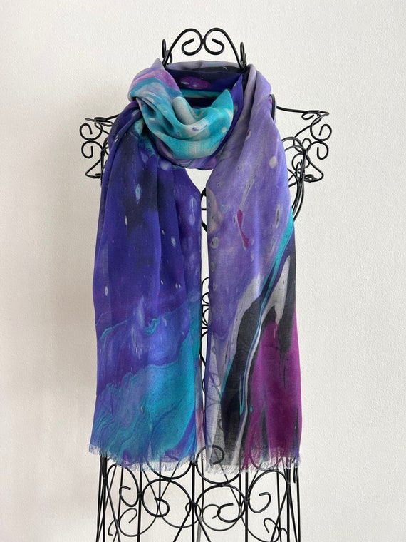 Purple Designer Printed Silk Modal Scarf, All season long multicoloured wrap, unique gifts for women, purple natural blend scarf