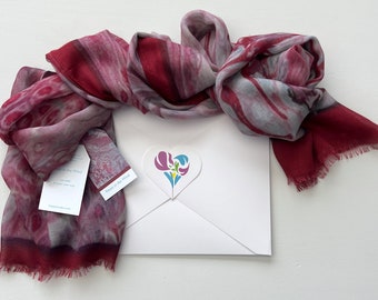 Silk Modal Scarf in Deep Rose Claret, All Season Luxury Art Print Scarf in Gift Box Envelope