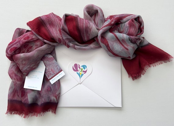 Silk Modal Scarf in Deep Rose Claret, All Season Luxury Art Print Scarf in Gift Box Envelope