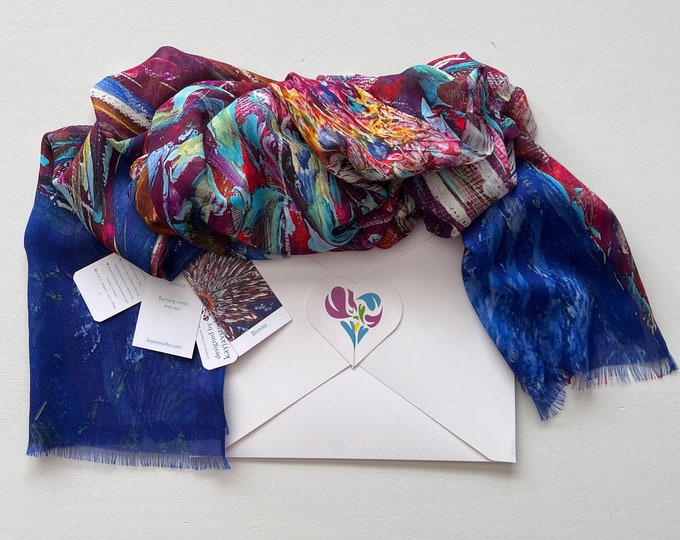 Vibrant Multicoloured Modal Silk Scarf in Gift Box Envelope, Original Artist Abstract Floral Print, Multicoloured Summer Shawl
