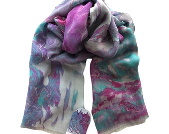 Long Modal Silk Organic Blend Scarf, Unique Artistic Gifts for Women, All Season Lightweight Art Print Scarf, Summer Shawl