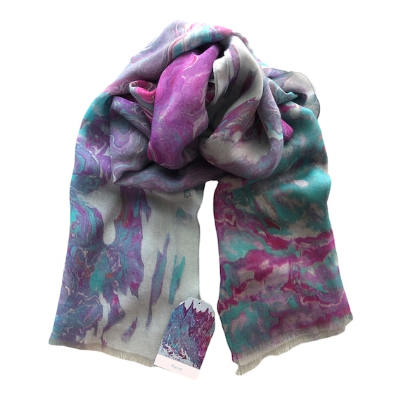 Long Modal Silk Organic Blend Scarf, Unique Artistic Gifts for Women, All Season Lightweight Art Print Scarf, Summer Shawl