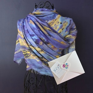 Purple and Gold Modal Silk Scarf, Long Purple Scarf, All Season Original Art Print Scarf, Mothers Day Gift, Gifts for Women