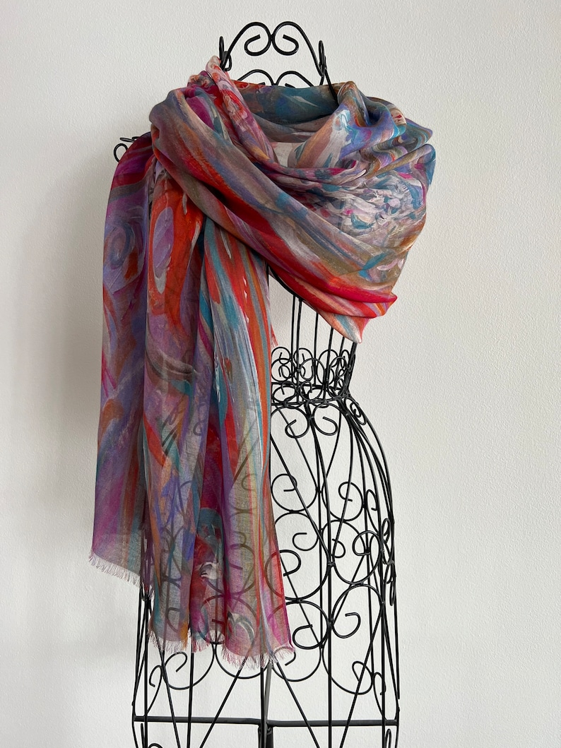 Multi Coloured Modal Silk Organic Blend Scarf, Colourful Lightweight Natural Fabric Shawl, Unique Gifts for Women image 4