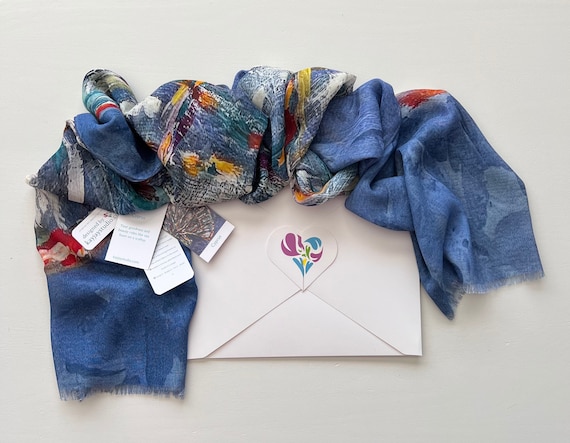 Blue Trimmed Silk Modal Scarf, Original Art Printed Sea Scallop Seashell Scarf, Scarf in Gift Box Envelope