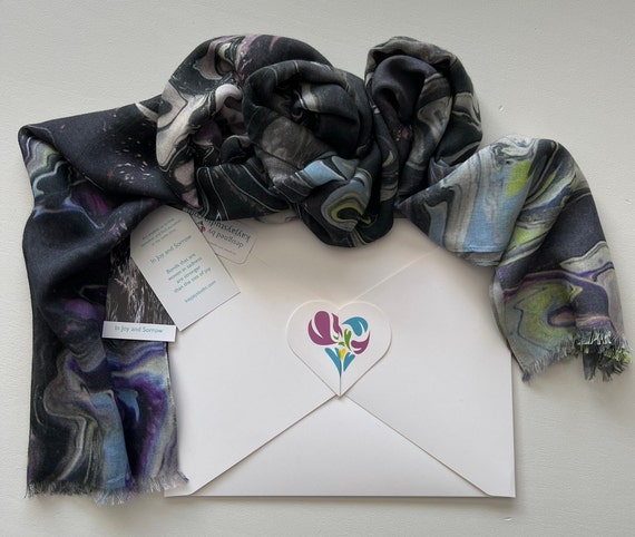 Black and White Modal Silk Scarf, Long All Season Organic Blend Scarf, Dark Multicoloured Silk Blend Scarf, Grief and Mourning Gift