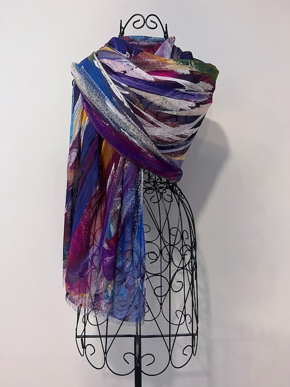 Multi Coloured Modal Silk Organic Blend Scarf, Colourful Lightweight Natural Fabric Shawl, Unique Gifts for Women