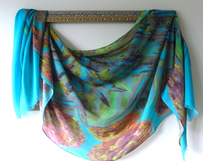 Long All Season Turquoise and Gold Modal Silk Scarf, Unique Gifts for Women, Artistic Natural Fabric Blend Scarf, Turquoise Summer Shawl