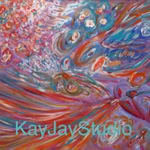 May include: An abstract painting featuring a vibrant mix of purple, orange, red, and blue brushstrokes. The composition includes swirling circular patterns and linear streaks of color. The text KayJayStudio is printed in light blue across the center.