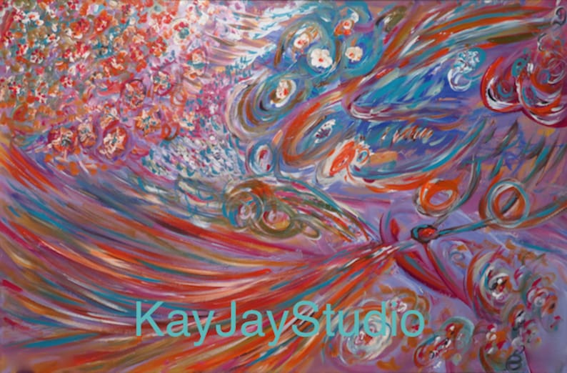 May include: An abstract painting featuring a vibrant mix of purple, orange, red, and blue brushstrokes. The composition includes swirling circular patterns and linear streaks of color. The text KayJayStudio is printed in light blue across the center.