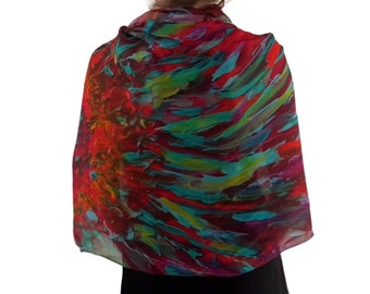 Modal Silk Original Art Print Scarf in Gift Box Envelope, Abstract Flower Multicoloured Shawl in All Season Natural Fabric Blend