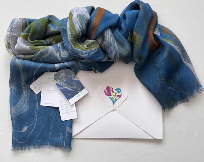 Silk Modal Scarf in Blue White and Green, Original Art Printed Scarf in Gift Box