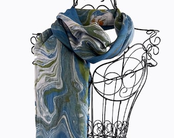 Silk Modal Scarf in Blue White and Green, All Season Scarf and Shawl in Gift Box Envelope, Natural Blend Original Art Print Scarf