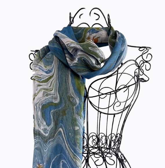 Silk Modal Scarf in Blue White and Green, Original Art Printed Scarf in Gift Box