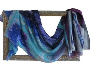 Purple Designer Printed Silk Modal Scarf, All season long multicoloured wrap, unique gifts for women, purple natural blend scarf