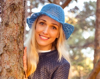 KNITTING PATTERN: Blue Knitted Cottonwool Summer Hat / Knitting Hat PatternKnitted Sun Hat / Blue Hat / Lace Summer Hat / Sun Hat Pattern