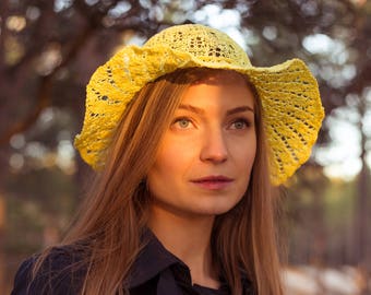 KNITTING PATTERN: Yellow Knitted Cottonwool Summer Hat Knitted Sun Hat / Ladies Hat / Yellow Hat / Lace Summer Hat / Sun Hat Pattern