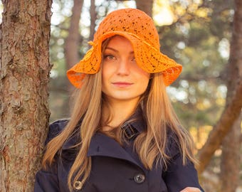 KNITTING PATTERN: Orange Knitted Cottonwool Summer Hat Knitted Sun Hat / Ladies Hat / Orange Hat / Lace Summer Hat / Sun Hat Pattern