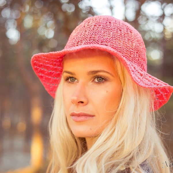 KNITTING PATTERN: Pink Knitted Cottonwool Summer Hat / Knitted Sun Hat / Women's Summer Hat / Lace Summer Hat Pattern / Hat Pattern