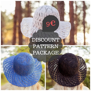PACOTE PADRÃO DE DESCONTO %: 3 chapéus de verão de malha de algodão / padrões de chapéu de verão / venda de padrão de tricô / chapéu de sol azul, preto e branco